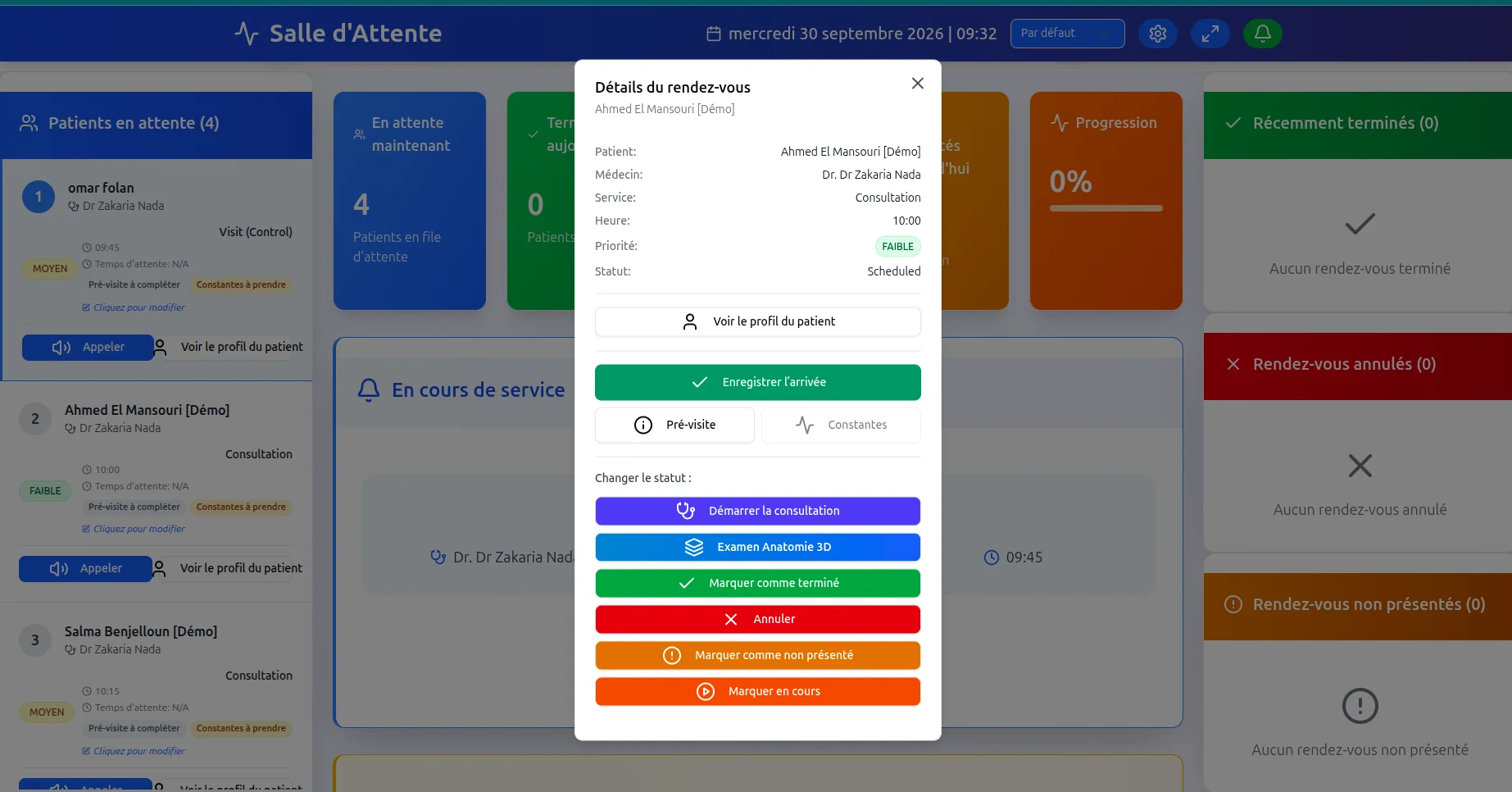 Actions du rendez-vous dans la salle d’attente ProDoc avec un patient fictif