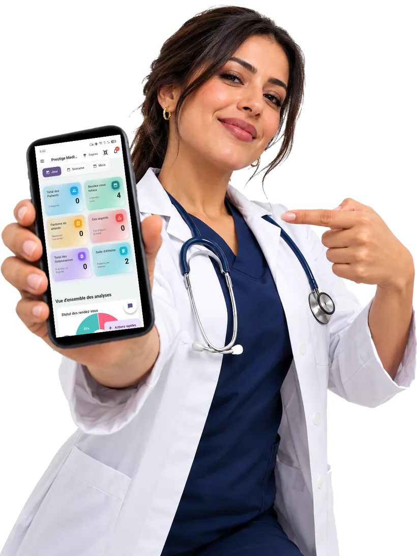 Médecin présentant le tableau de bord ProDoc sur un téléphone (illustration, données de démonstration)