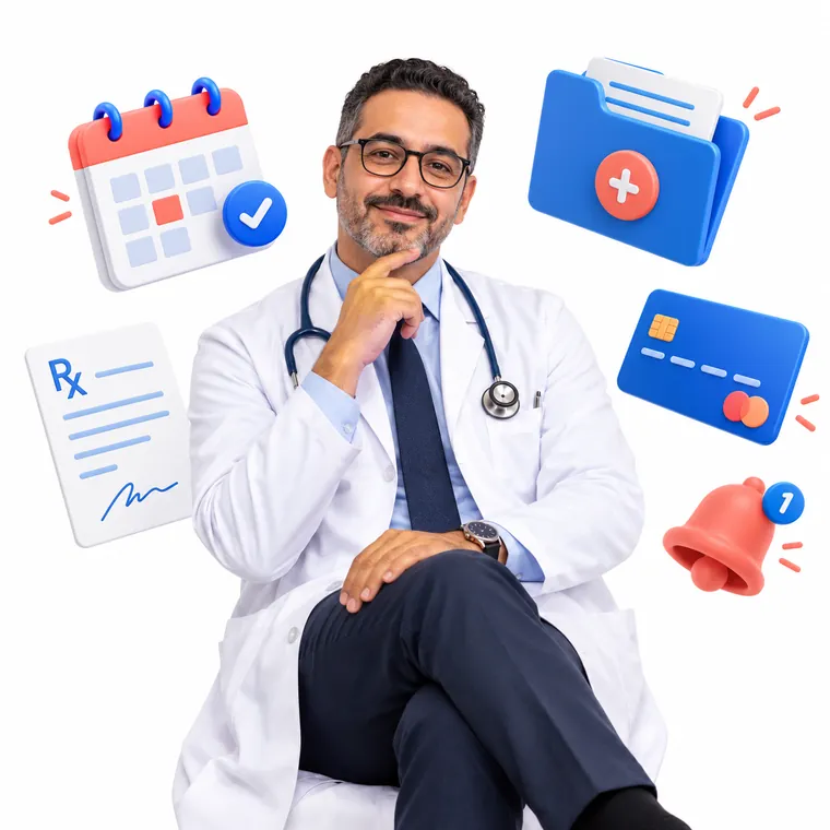 Médecin entouré de l’agenda, du dossier, de l’ordonnance, du paiement et des rappels (illustration)